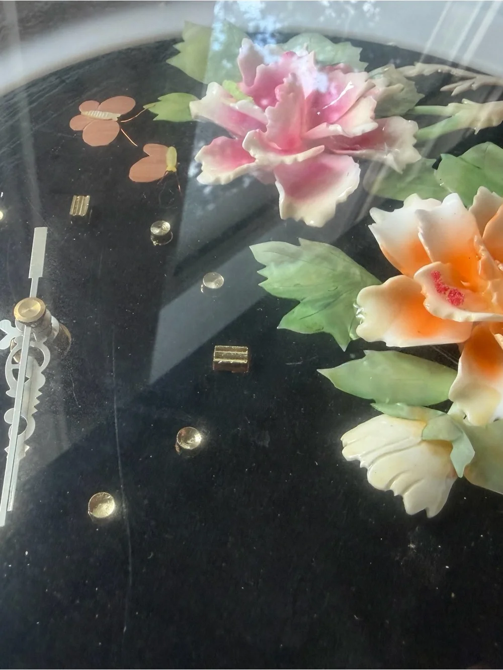 Vintage Chinese Jade Flower Shadow Box Clock